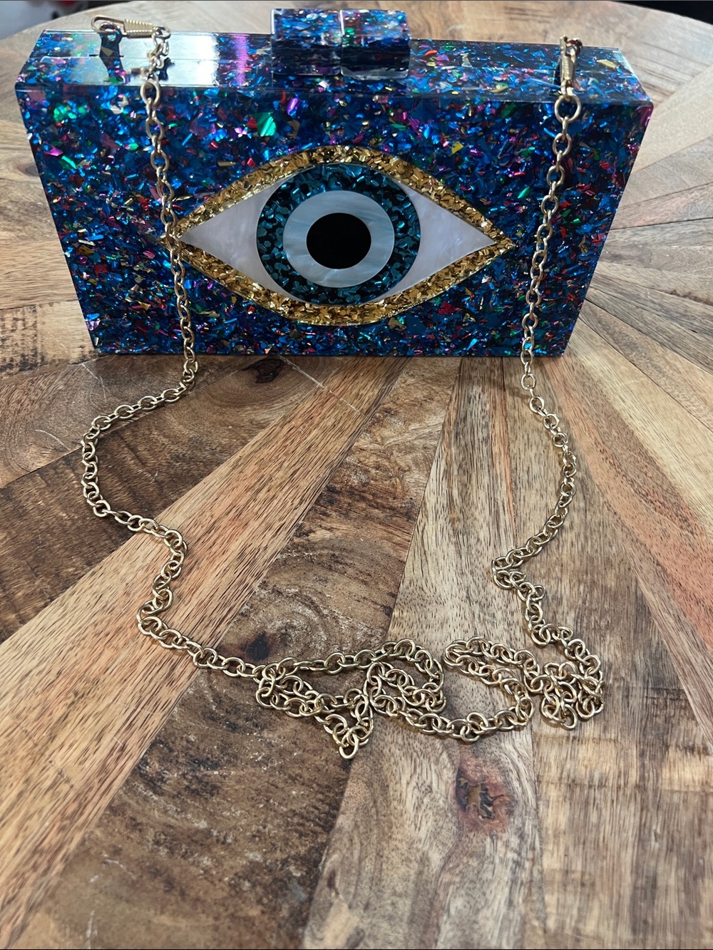 Gold Chain Evil Eye-Embellished Multi-Color Resin Evening Clutch